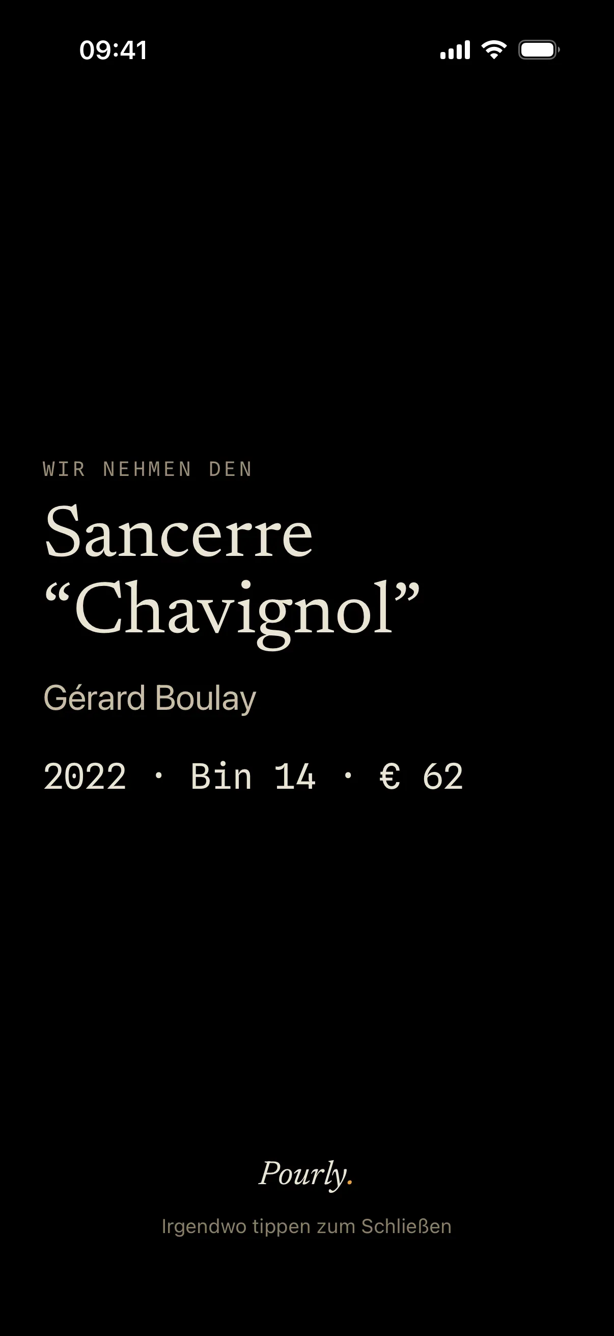 Der Bildschirm, den du dem Service hinhältst: „Wir nehmen den Sancerre ‚Chavignol‘“, Gérard Boulay, 2022, Bin 14, 62 €, groß genug, um über den Tisch gelesen zu werden.