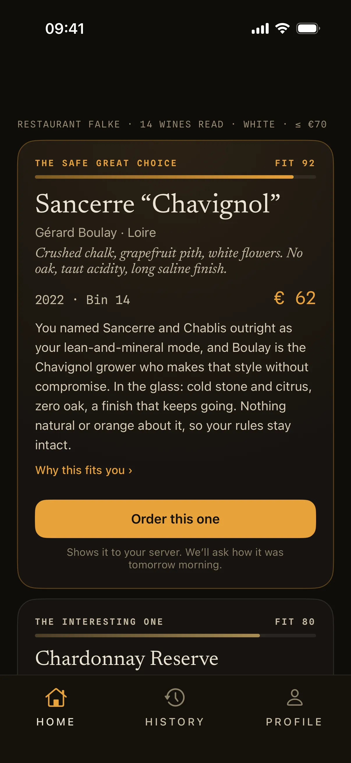 Pourly's recommendation from a restaurant wine list: the safe great choice, Sancerre “Chavignol” by Gérard Boulay, 2022, €62, fit 92, with tasting notes, why it suits you, a Why this fits you link and an Order this one button; below it, the interesting one, Chardonnay Reserve by Weingut Knewitz, fit 80.