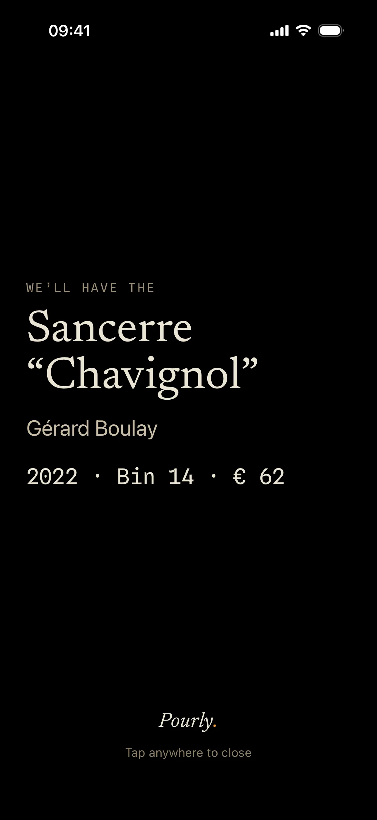 The screen you hold up for the server: “We'll have the Sancerre ‘Chavignol’”, Gérard Boulay, 2022, bin 14, €62, in type big enough to read across the table.